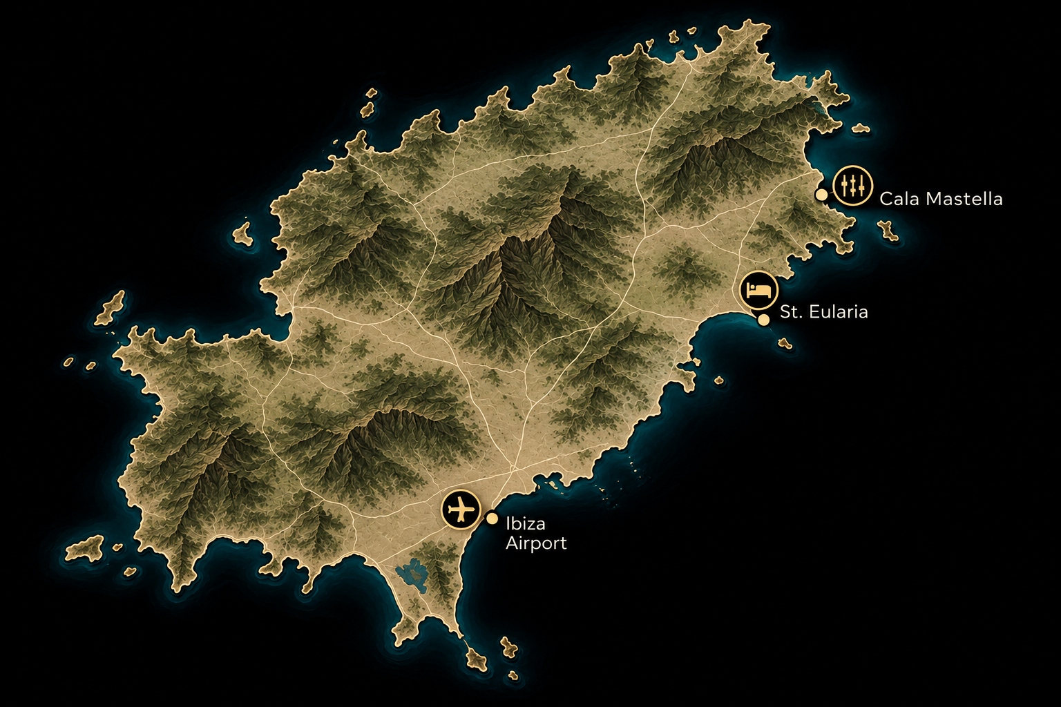 Karte von Ibiza mit Cala Mastella, Santa Eulalia und Ibiza Airport